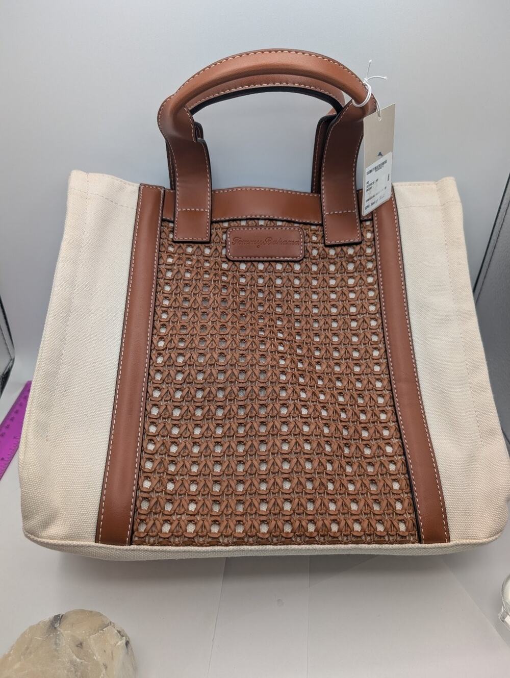 Tommy Bahama Women's Canvas Rattan Tote Bag Satchel Crossbody Brown Cream NWT
